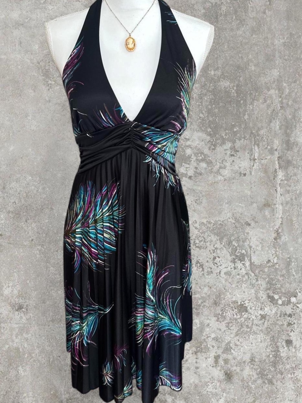 Vintage Y2K Speekless Peacock Feather Slinky Halter Skater Dress Medium Pleated